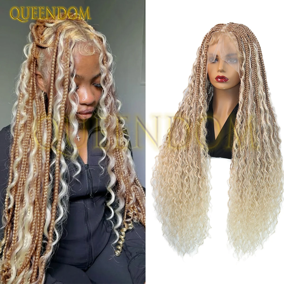 

32 "Блондинка в богемном стиле, полный кружевной передний парик без узлов, плетеный парик для женщин, синтетический плетеный парик с вьющимися волнистыми концами