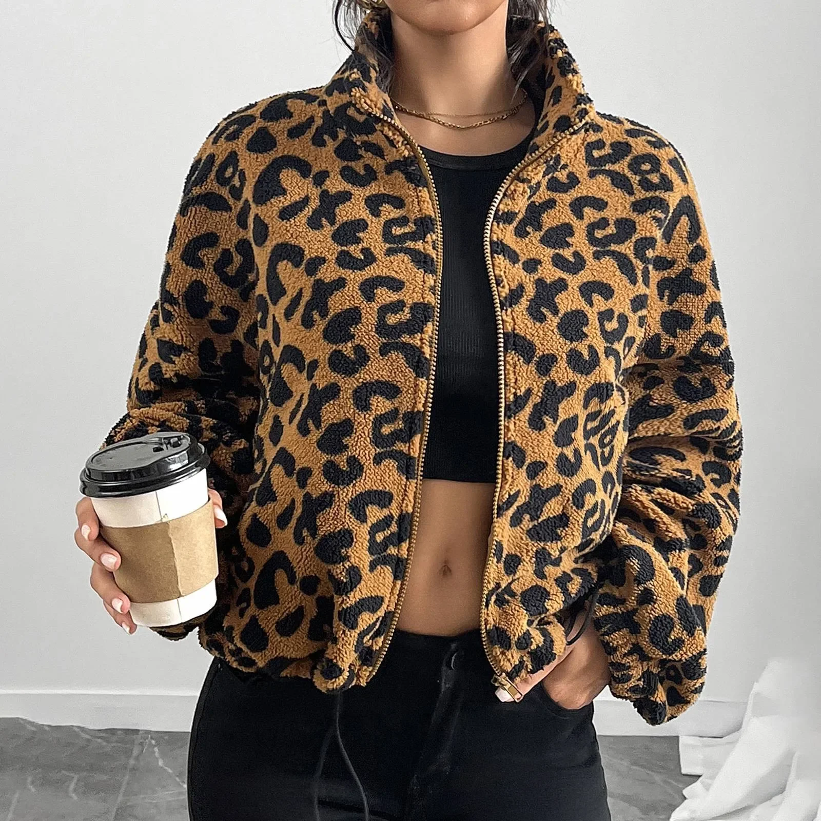 Lampart zapinana na zamek kurtka z długim rękawem bluza polarowa krótki płaszcz jesień/zima damska odzież wierzchnia sweter z zamkiem błyskawicznym płaszcz damski