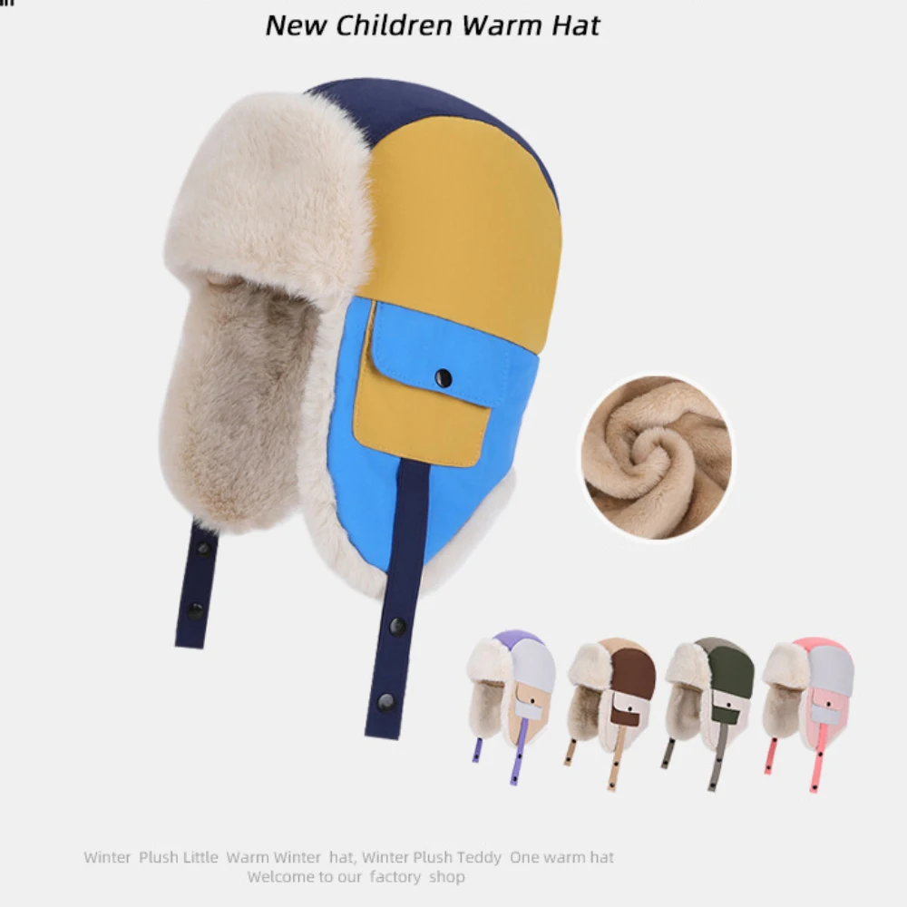 HT4869 Children Winter Hat Thick Warm Outside Snow Ski Earflap Cap Boys Girls Patchwork Russian Hat Windproof Trapper Bomber Hat