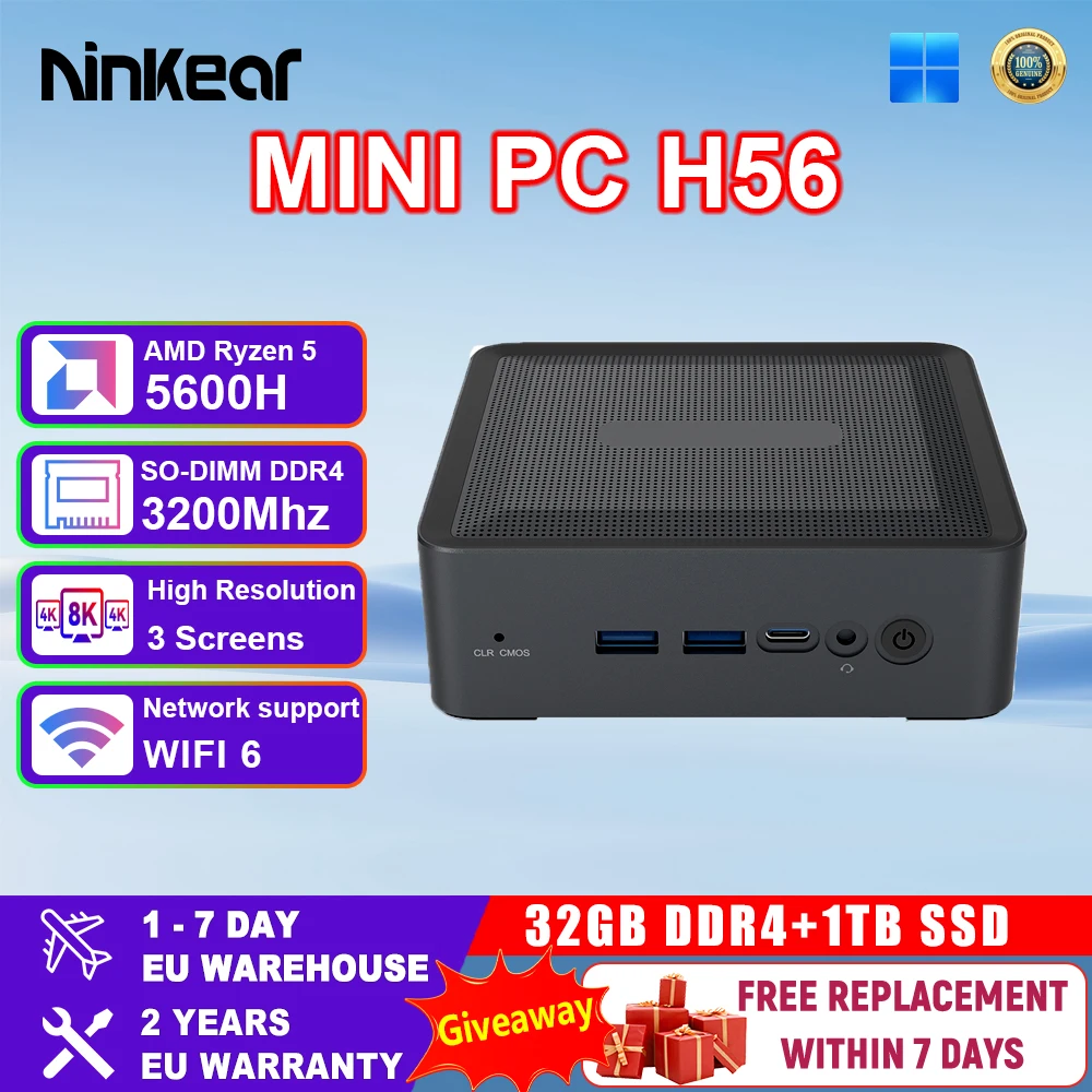 Ninkear H56 MINI PC AMD Ryzen 5 5600H 8 Cores up to 4.2GHz 32GB DDR4 + 1TB SSD WiFi 6 BT5.2 Cooling Fan Supports Three Screen