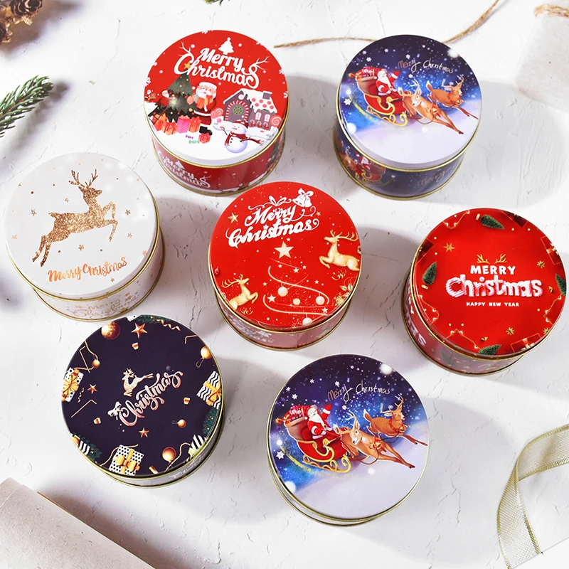 Christmas Tinplate Round Candy Can Metal Tin Jars Coffee Tea Spice Jewelry Storage Case Candle Making Containers Xmas Gift Box