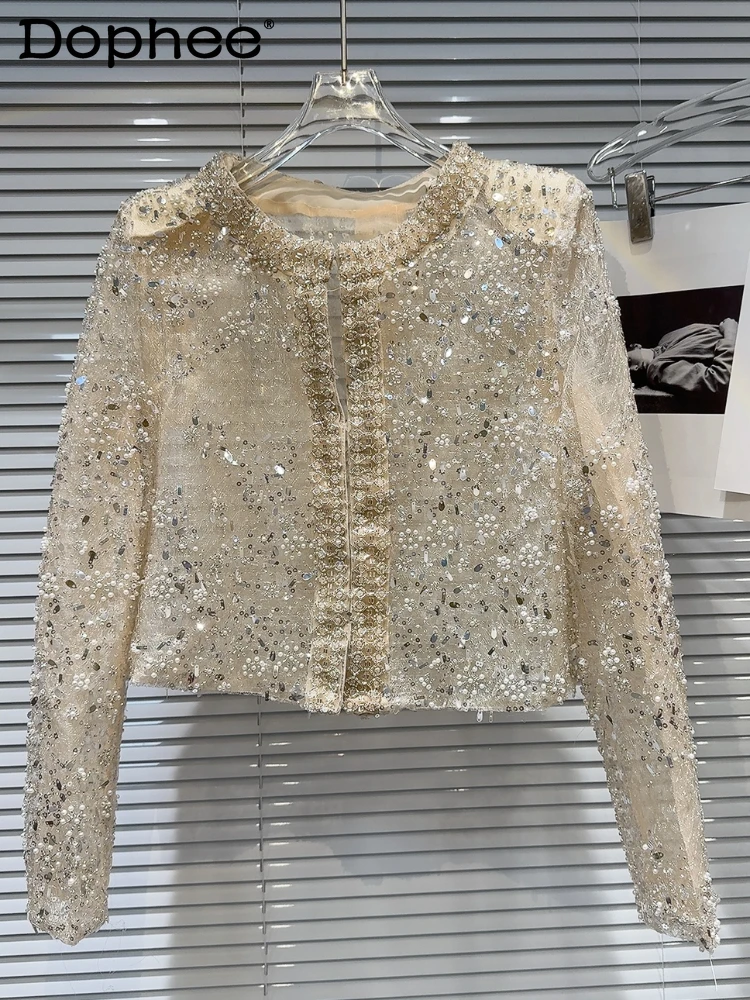 

Gaoding Heavy Industry Pearl Sequin Bead Mesh Short Coat Female 2024 Summer New Round Neck Long Sleeve Jackets for Women