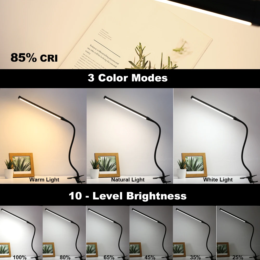 2pcs USB LED Desk Lamp with Clamp Dimmable Clip On Reading Light Eye Protection Flexible Study LED Table Lamp RA80 Full Spectrum