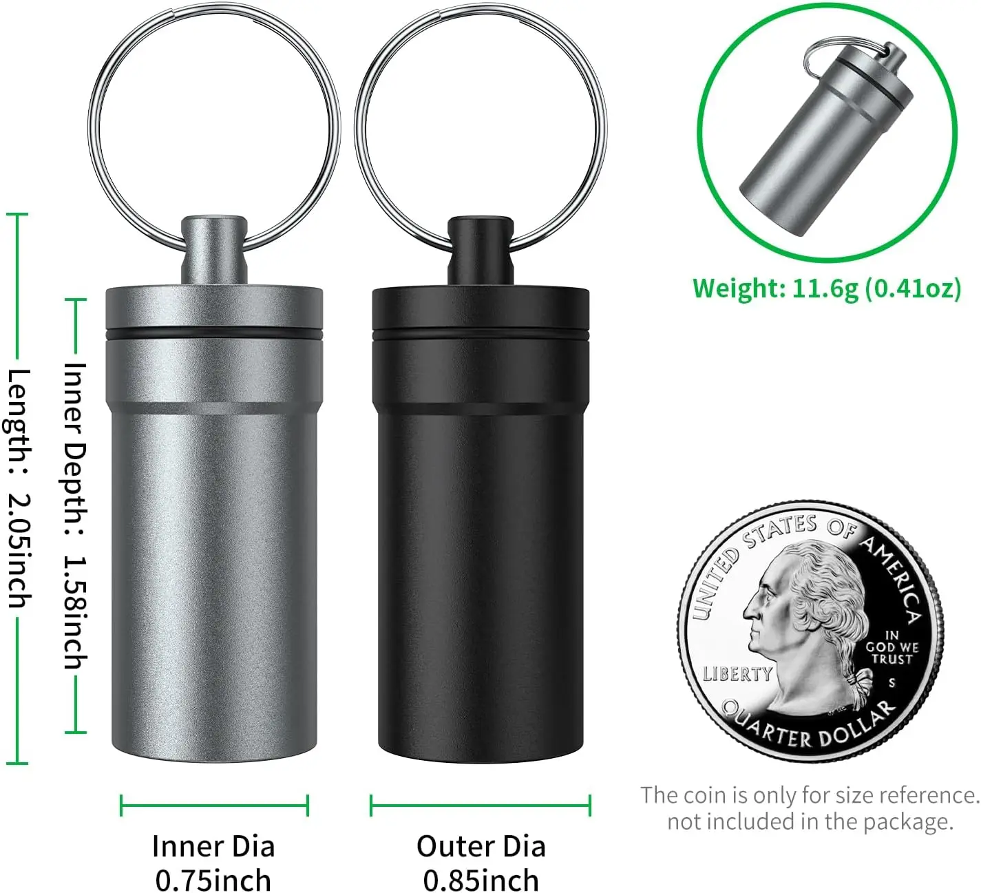 2 Pack Portable Pill Case Keychain, Waterproof Aluminum Pill Box for Round Glucose Tablets & Critical Medicine with Carabiners