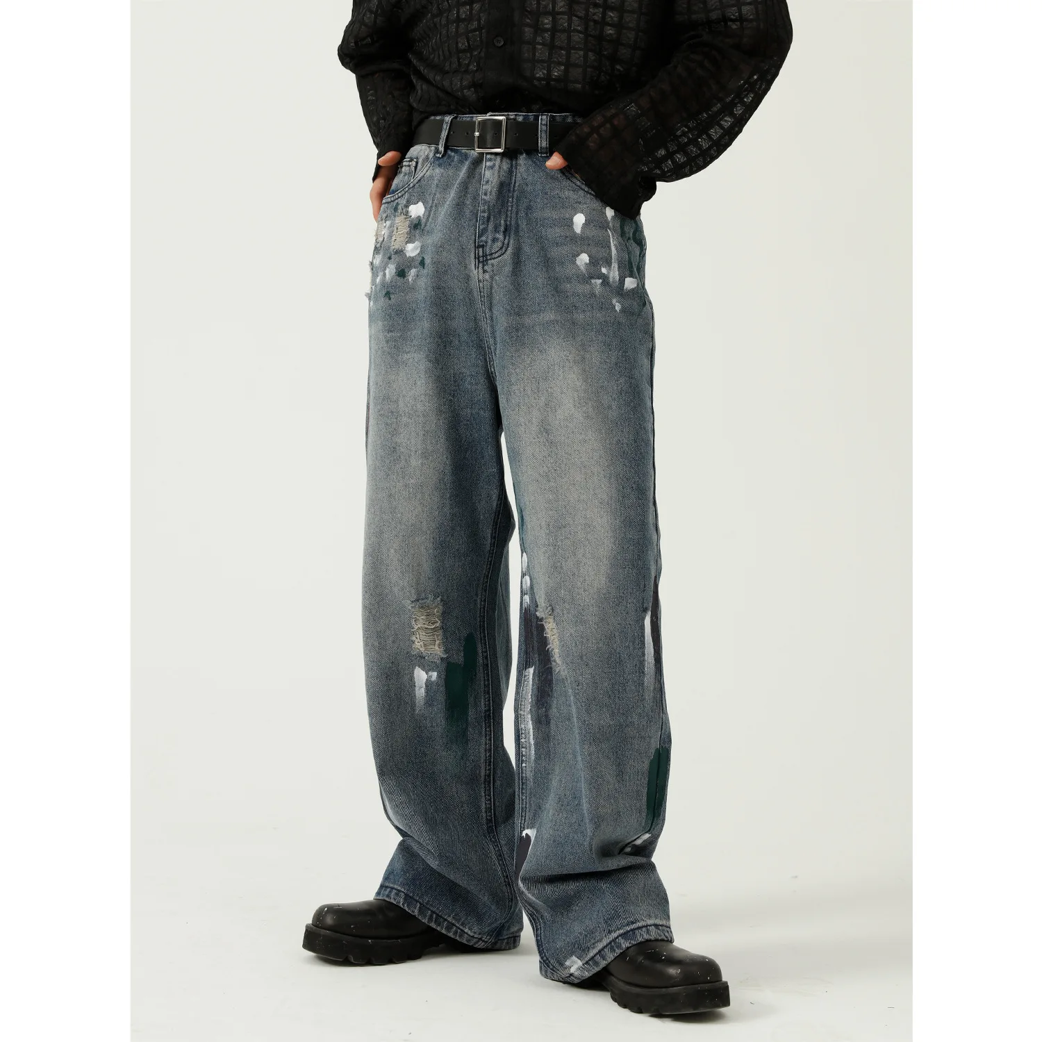 Four Seasons 2026 New Product Ripped Design Sense Skinny Wide Leg Jeans Men