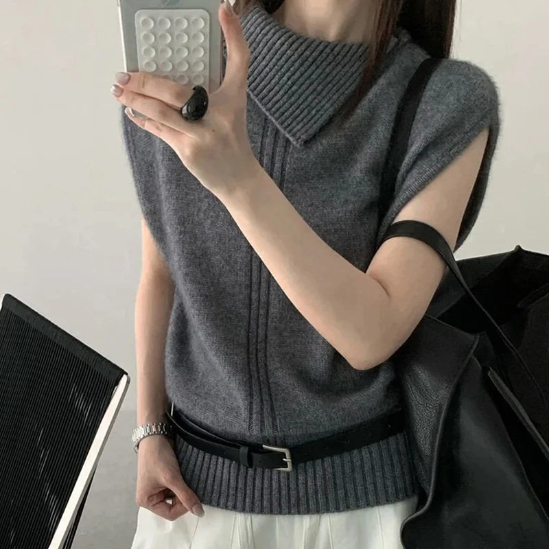 

Женский жилет с лацканами из 100% шерсти, новый вязаный модный облегающий свитер без рукавов, короткий осенне-зимний женский пуловер, жилет