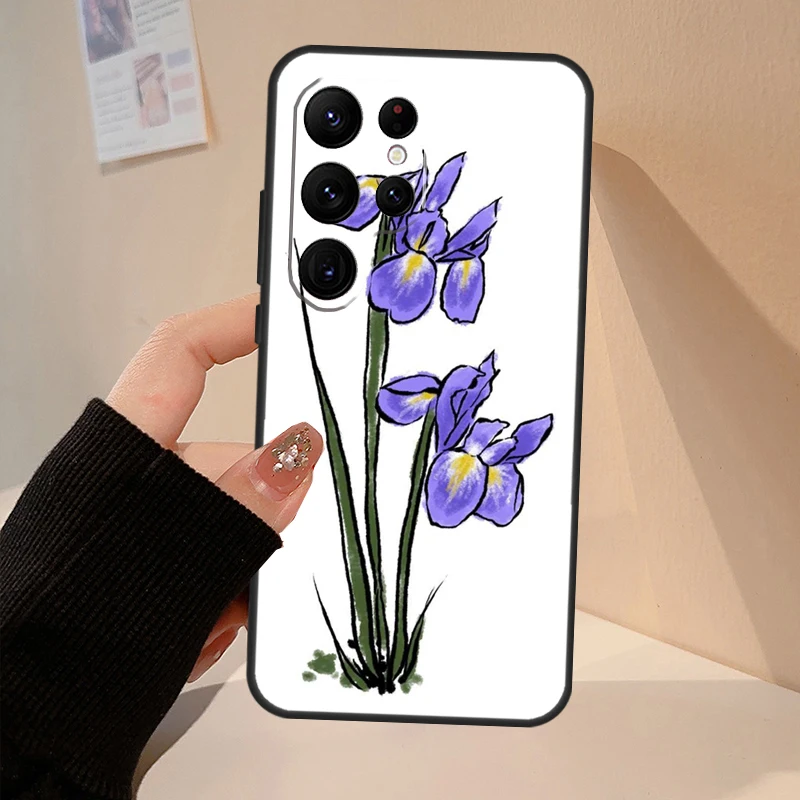 Iris Purple Flower Watercolor Case For Samsung Galaxy S23 S22 S21 Ultra S20 FE S8 S9 S10 Note 20 10 Plus Soft Back Cover