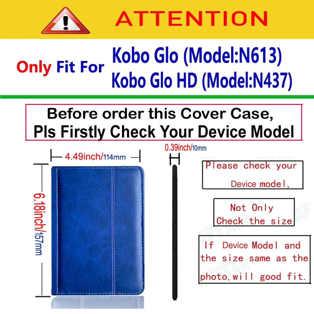 Folio Case for Kobo Glo HD Ebook Reader Leather Cover Model N613 N437 Protective Cases Skin Pouch Bag with Magnet Closured