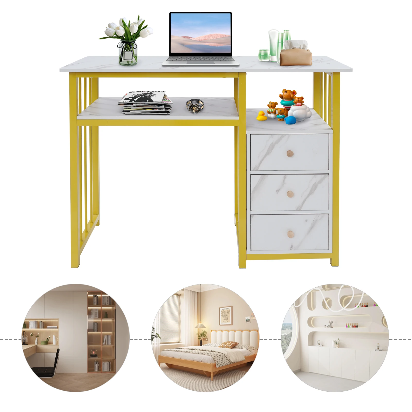 골드 화이트 밀도 보드 네일 데스크, 100*40*76cm 3 서랍 직사각형 매니큐어 테이블 바닥 마운트 거실, 사무실