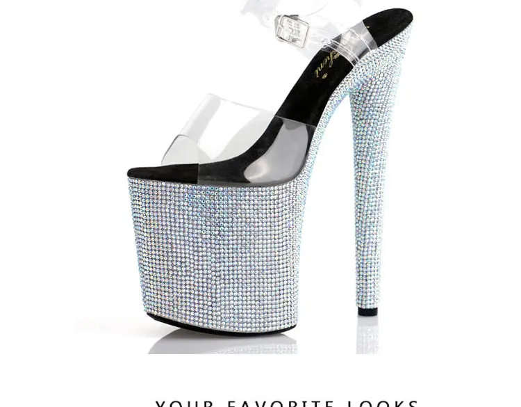 Stripper Shoes Clear 20cm Rhinestone Platform Hate Sky High Sandals Nightclub Model Shining 8inches High Heels New Bride Exotic