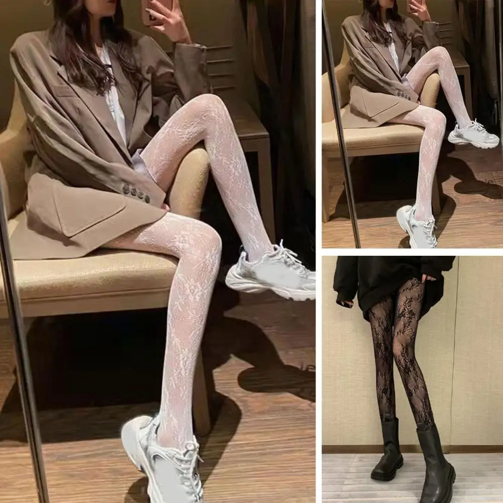 Women Pantyhose Lace Fishnet Stockings White Flower Vine Stockings Elegant Lace Fishnet Pantyhose with Flower Embroidery Shorts