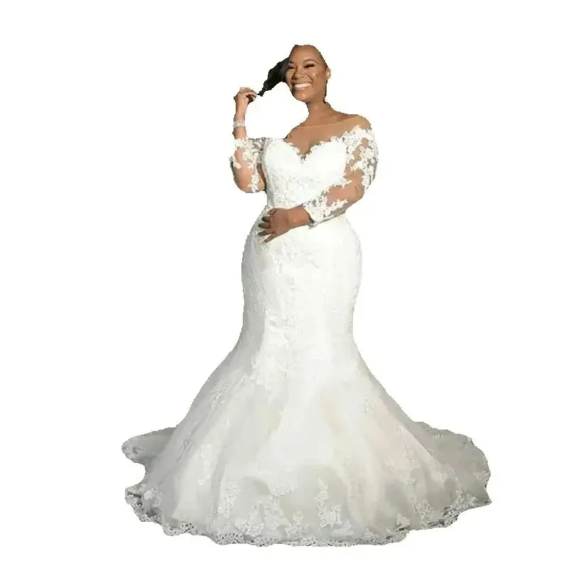 Abito da sposa a sirena in pizzo a maniche lunghe con illusione sexy personalizzato Europa Sweep Train Abiti da sposa Vestido De Novia bianchi