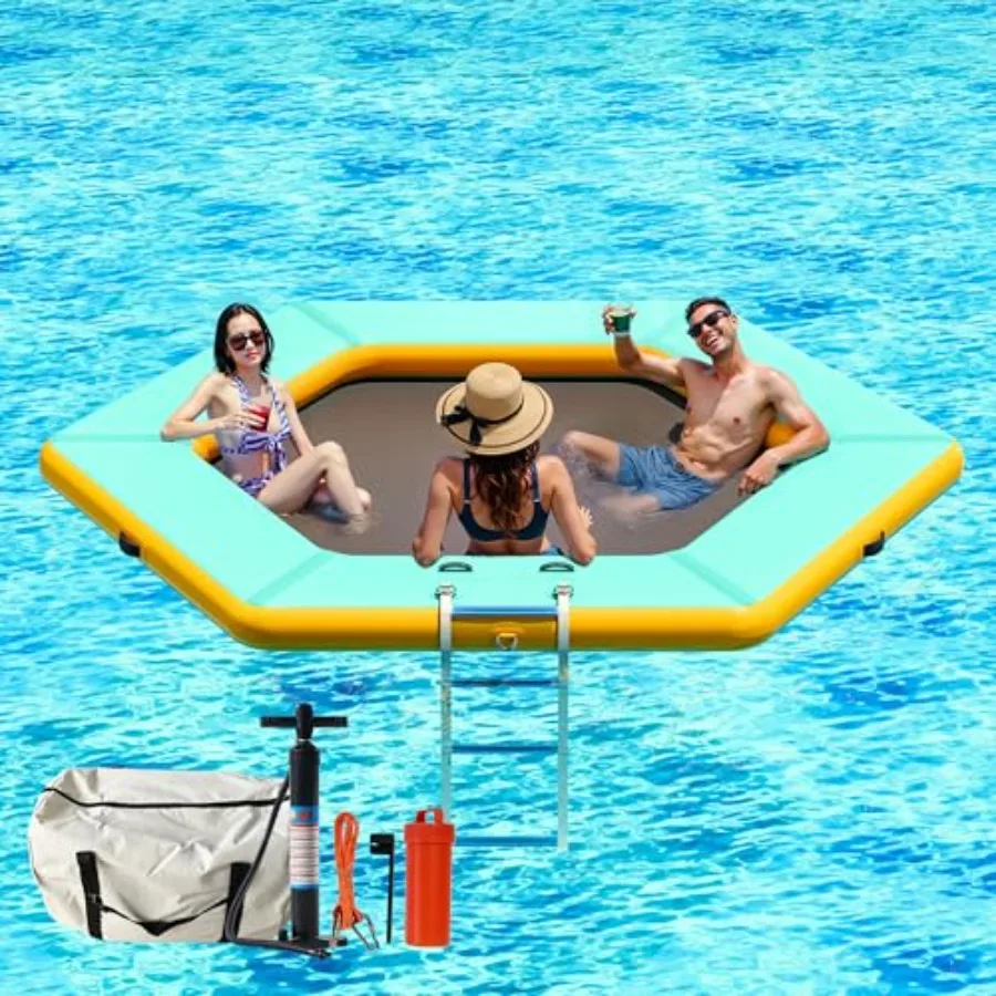 10FT Hexagon Inflatable Water Hammock for Adults, PVC Material, Blue, Heavy Duty Floating Raft with Soft Ladder for Pool Lake S