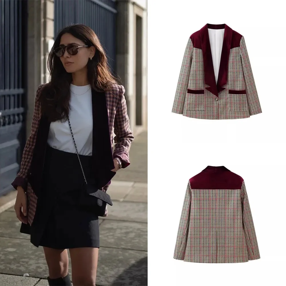 Vintage Plaid Print Women Blazer Jackets Long Sleeve Pocket Patchwork Slim Female Coats 2024 Spring Autumn Chic Lady Streetwear