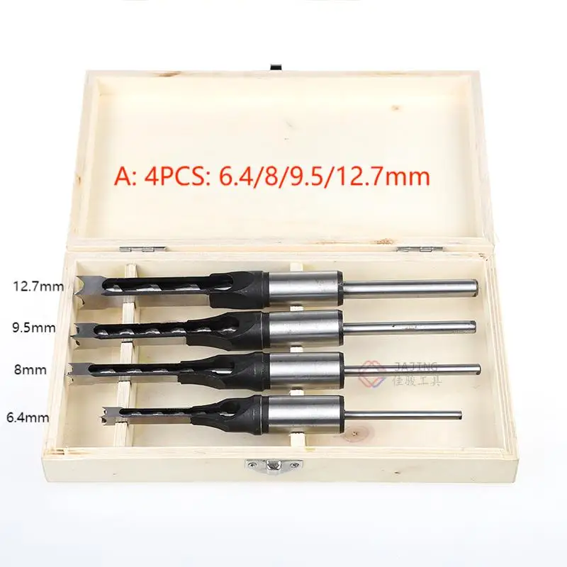 4PCS Square Drill Bits Mortising Chisel Bit Flush Chisel Bits Set Square Hole Saw Woodworking Tool Kit Set