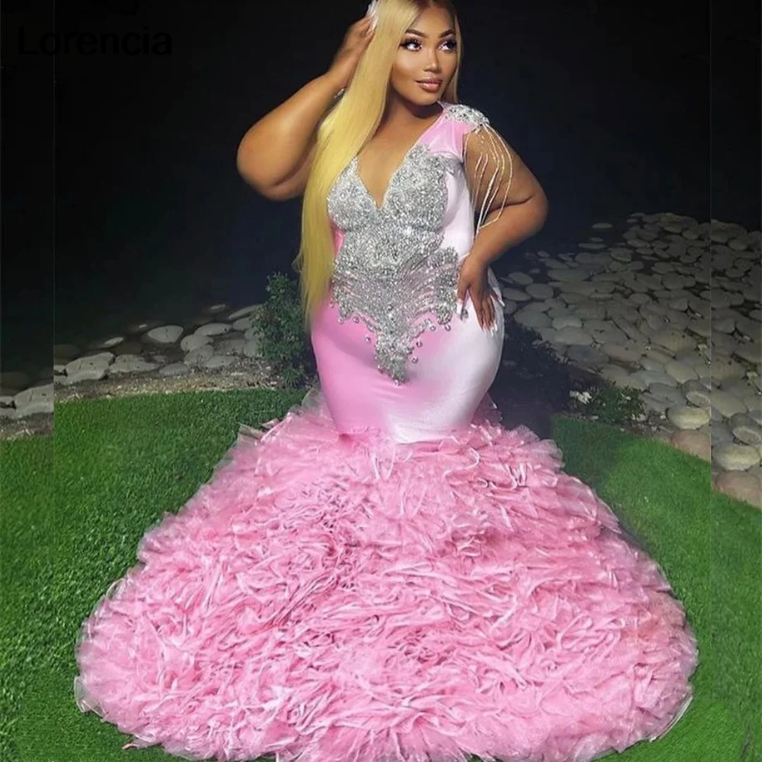 Lorencia Pink Mermaid Prom Dress For Black Girls Beaded Crystal Rhinetones Ruffles Birthday Party Gowns Robe De Soiree YPD76