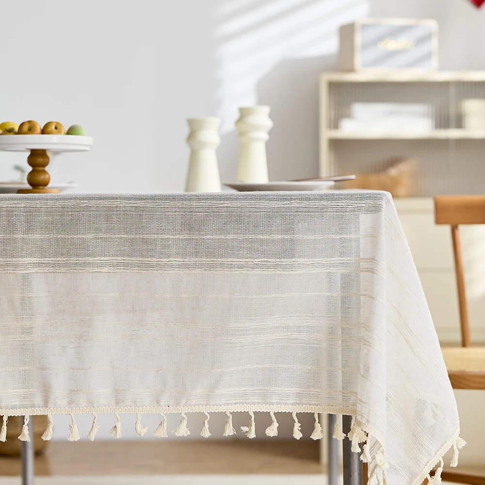 Vintage Farmhouse White Striped Tablecloth, Soft Tassel Table Cover for Rustic Dining Room Decor&Spring Outdoor Wedding