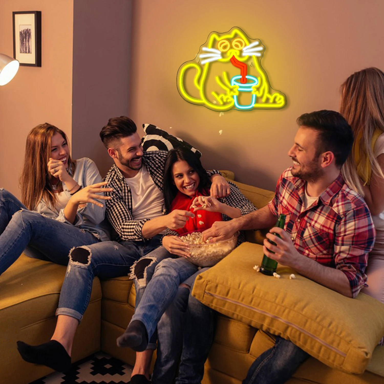 Bevanda Cat Neon Bar Neon Wall Decor Fun Cat LED Neon Sign Yellow Cat Bedroom Family Bar Party Game Room Cat Lover Gift