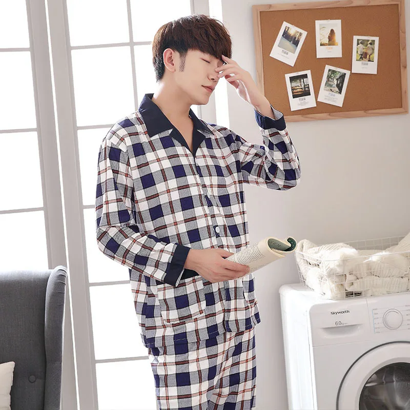 Large Size Warm Sleepwear for Winter Pajamas Men\'s Long-Sleeved Youth Home Wear 2PCS Set Cartoon Bear Plaid Simple Loungewear