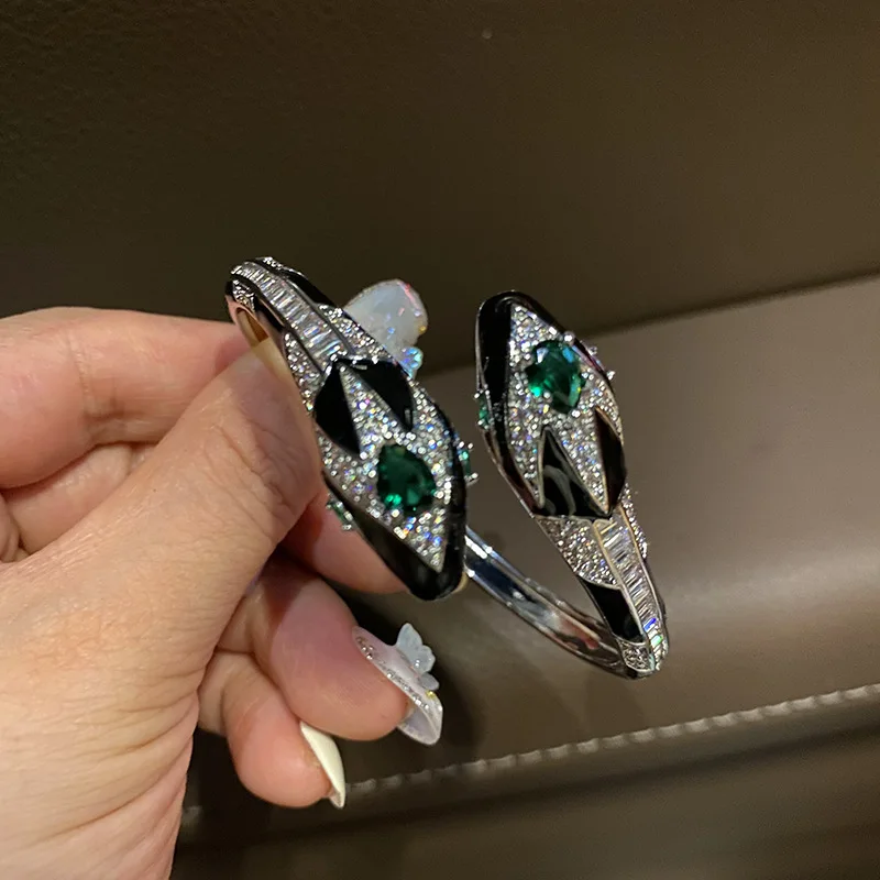 Double Head Snake Cuff Bangle with Green Cubic Zirconia Enamel Black White Gold Plated Open Cuff Animal Trendy Jewelry for Women