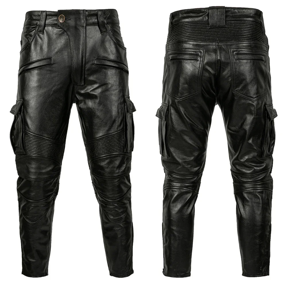 New Black Motorcycle Leather Pant First Layer Cowhide Leather Trousers Men Motor Riding Clothes Windproof Biker Pants Autumn