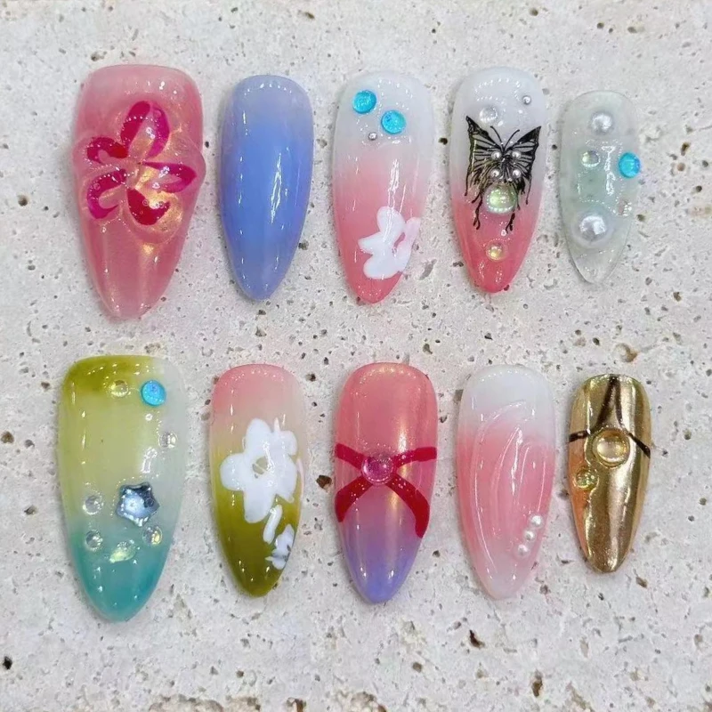 10Pcs Colorful Halo Gradient Almond Press on Fake Nails Wearable Hand Painted Butterfly Flowers Acrylic Full Cover Nail Tips Art