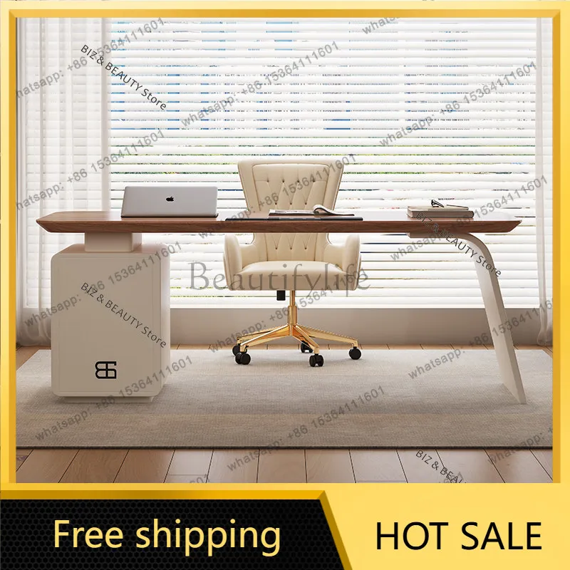 FG High-End Solid Wood Desk – Light Luxury Minimalist Workstation Retro Cream Style Mid-Century Modern Executive Office Table JT