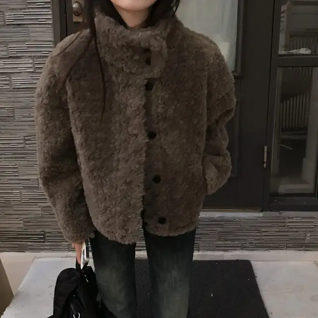 3Colors レディース 韓国プレッピースタイル 暖かいロング厚手ラムファー暖かいコート カジュアルストリート OL アウター（cs3390）