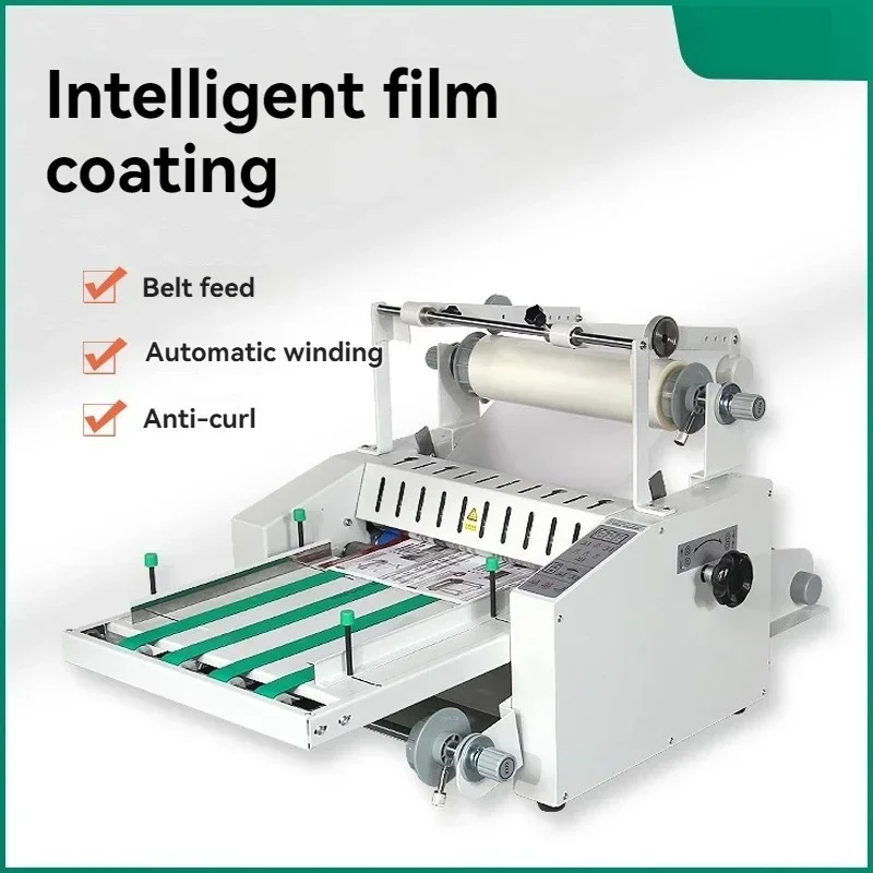 Belt-type laminator with anti-curl and automatic sheet collection; high-speed steel-roller laminator for hot and cold lamination