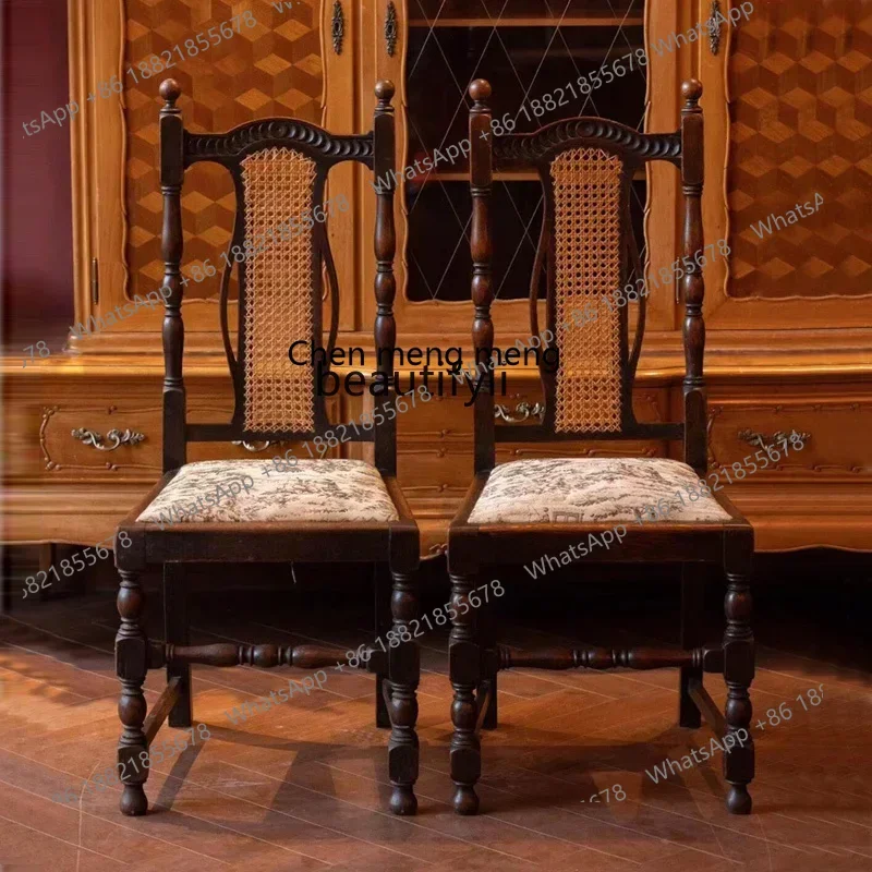 P178 Medieval style solid wood dining chair American hand-carved fabric office dressing leisure chair