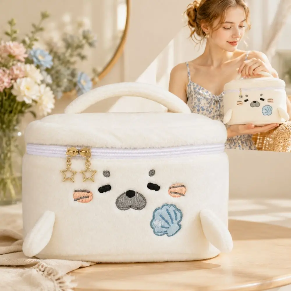 Fluffy Little Seal Makeup Bag Large Capacity Embroidery Pattern Cosmetic Bag Portable Handheld Travel Toiletry Bag Multipurpose