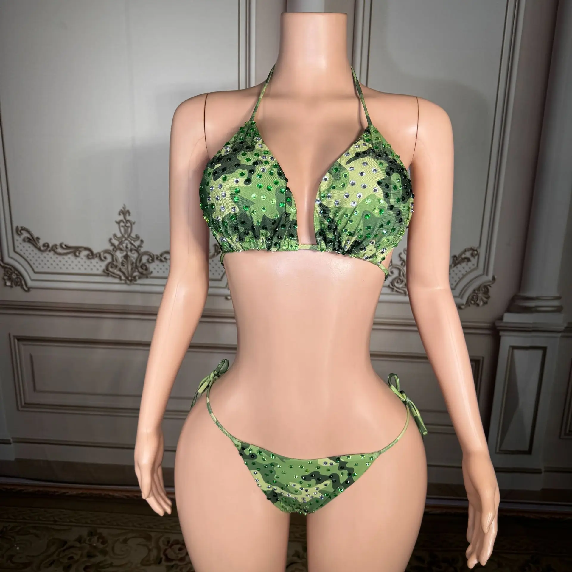 

Vibrant green printed rhinestone sexy strappy one-piece bikini set for ladies suitable for summer beach and pool wear