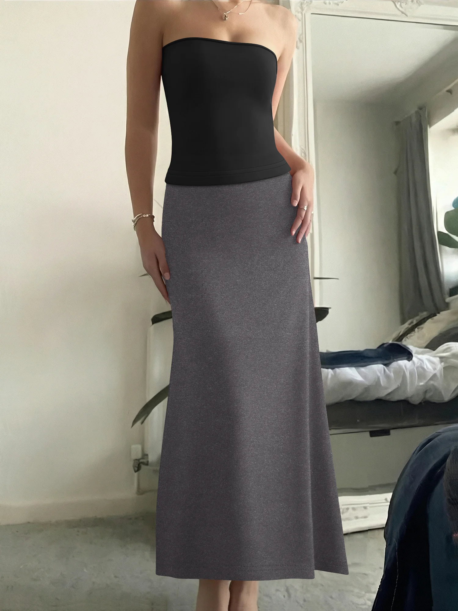 

Fashion Women's Strapless Top Long Skirt Set Solid Color Elegant Casual Party Soft Stretchy Fabric Slim Fit Comfortable TwoPiece