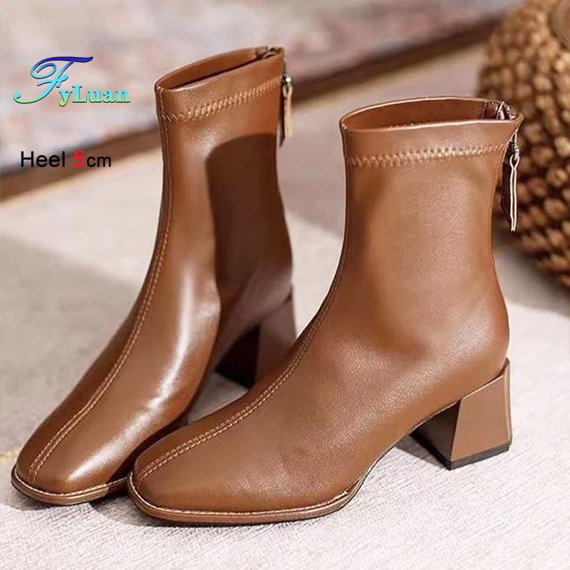 

Square Toe Short Boots For Woman 5CM Block Heels Soft Comfort Versatile Spring Autumn Shoes Back Zip Outdoors Casual Ankle Boots