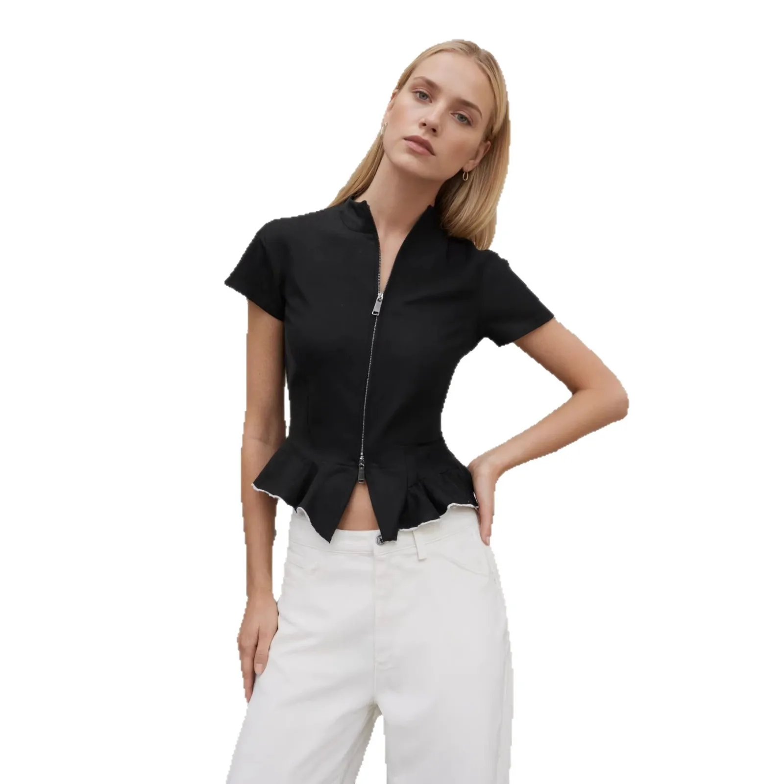 Women's Long Sleeved Cardigan Jacket European American Style Zipper Stand up Collar Threaded Spicy Girls Sli Design