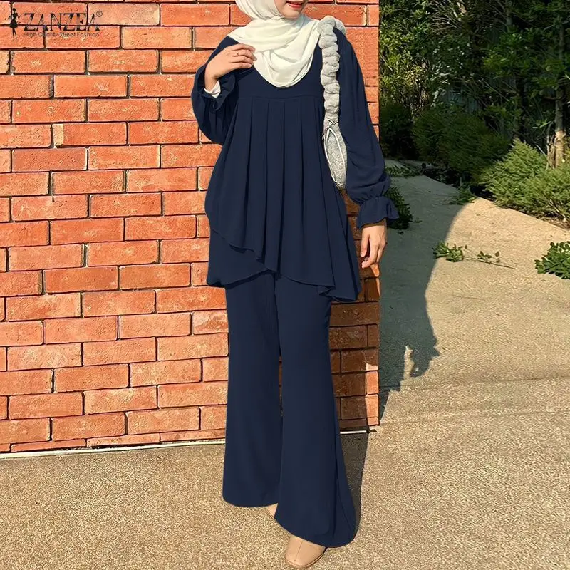 Muslimische Hijab-Frau Bescheidene Mode Hosenanzüge Weite Hose & Bluse mit Plissiertem Saum Langarm 2-Teiliges Set ZANZEA Islamische Outfits