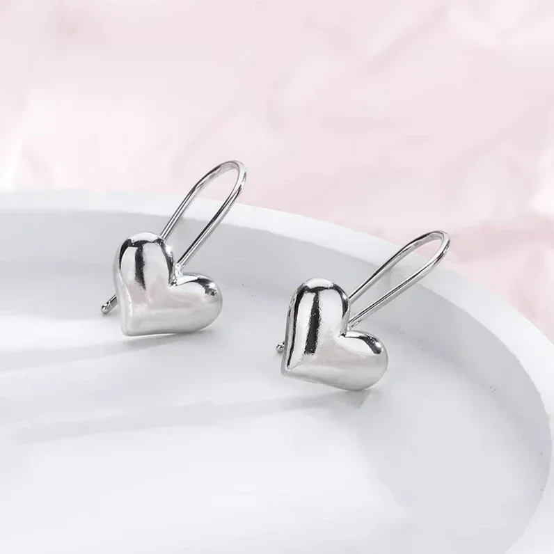 

Real 925 Sterling Silver U-shaped Ear Hook Glossy Heart Stud Earring for Women Minimalist Cute Fine Jewelry Accessory