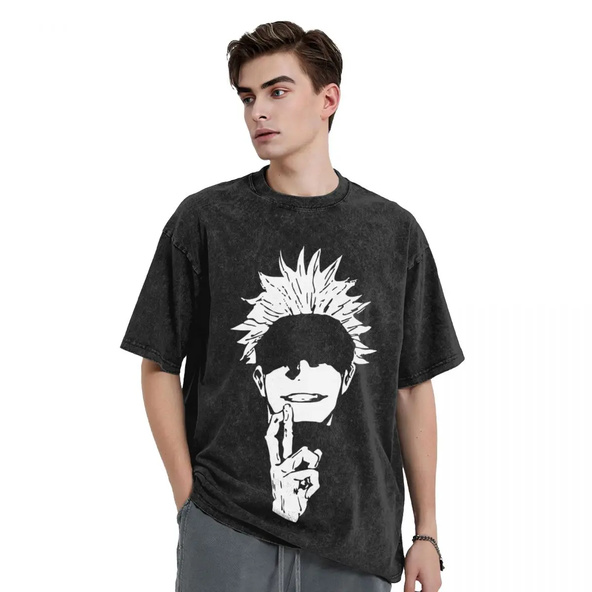 Washed T Shirts Gojo Sensei T-Shirts Oversize Anime Sorcery Fight Streetwear Short Sleeve Printed Tops Tops Tees for Men Women