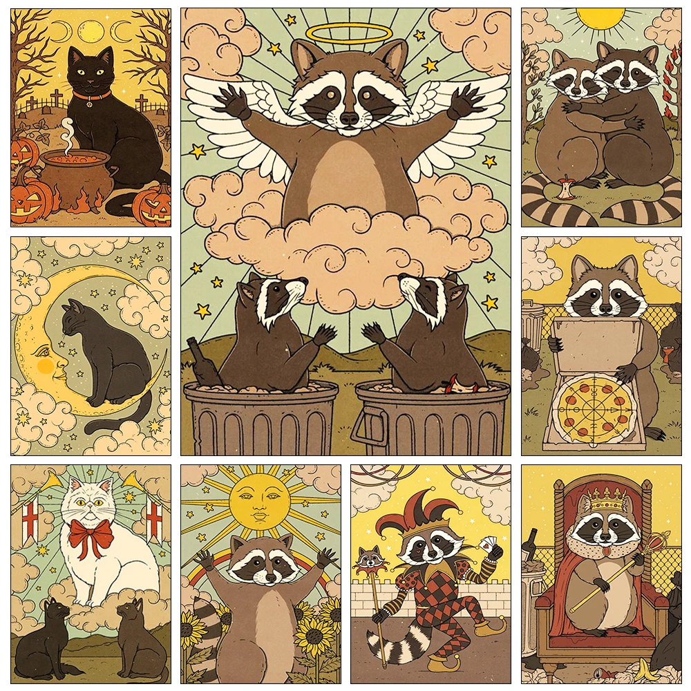Tarot Cards Cat 5D Diamond Painting Cute Raccoon Full Diamond Cross Stitch Cartoon Animal Embroidery Mosaic Art Home Decoration