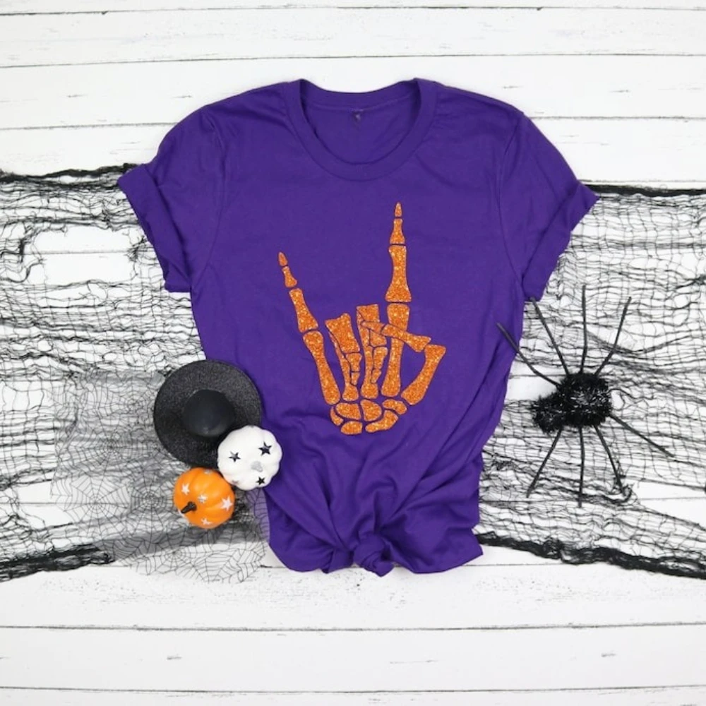 Magliette grafiche con reggiseno a mano scheletro Festival autunnale di novembre Abiti di felice Halloween Camicia da donna divertente per tutti i santi