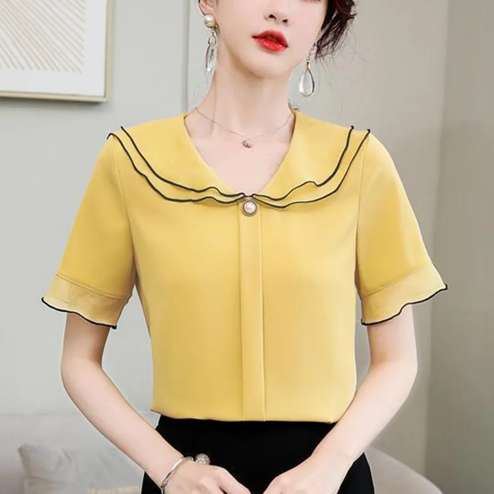 Blouse Shirt Stylish Summer Thin All-match Casual Chiffon Comfortable Fashion Retro Short Sleeve Simple Brand New