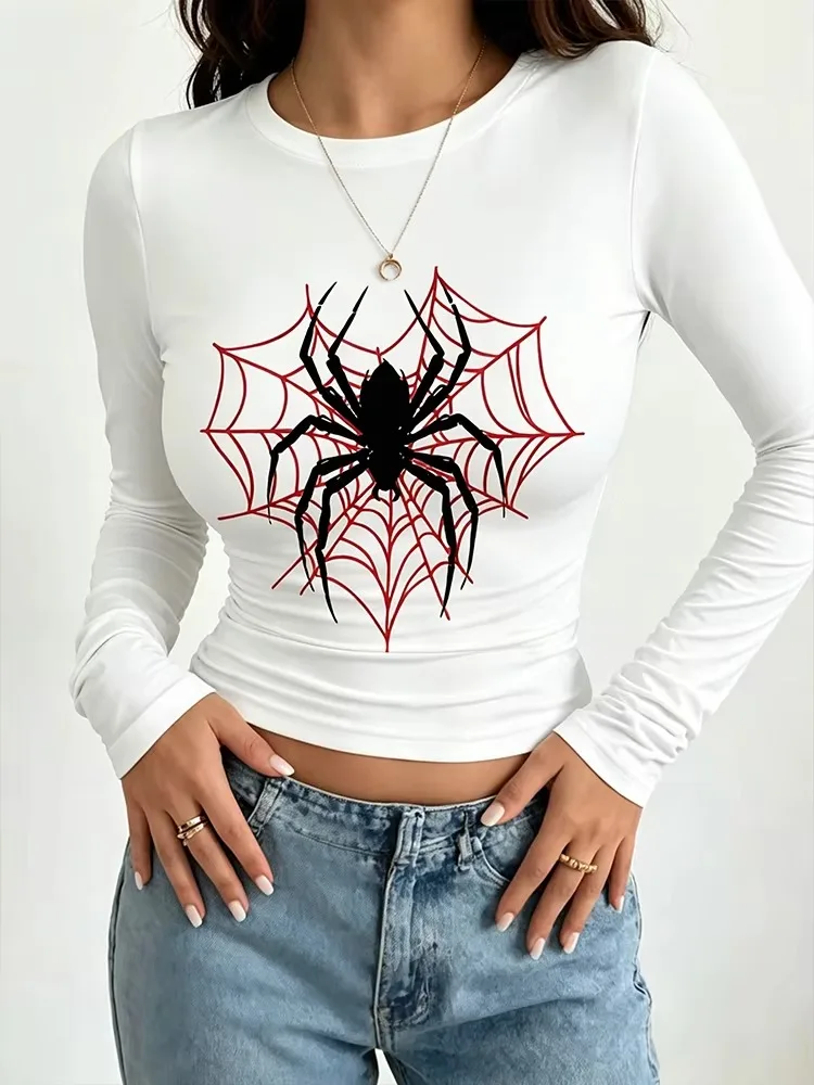 Women's Y2K Long Sleeve Crop TopBlack Spider Red Web Graphic Print Slim Fit Ruched Cropped T-shirt Halloween Gothic Casual Tee