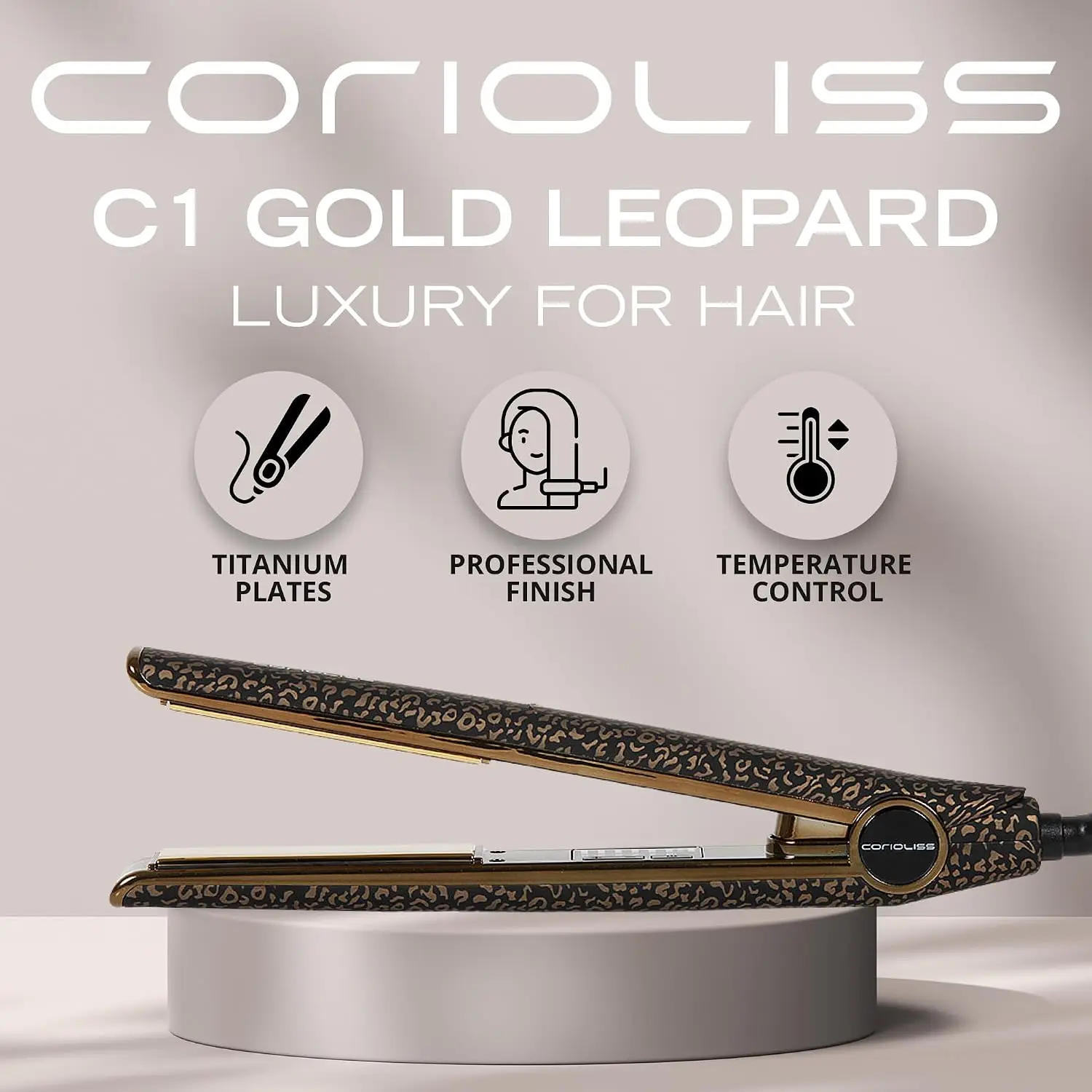 Professional Flat Iron Hair Straightener with Titanium Plates, Temperature Control, and Travel Case, Leopard Gold Soft Touch