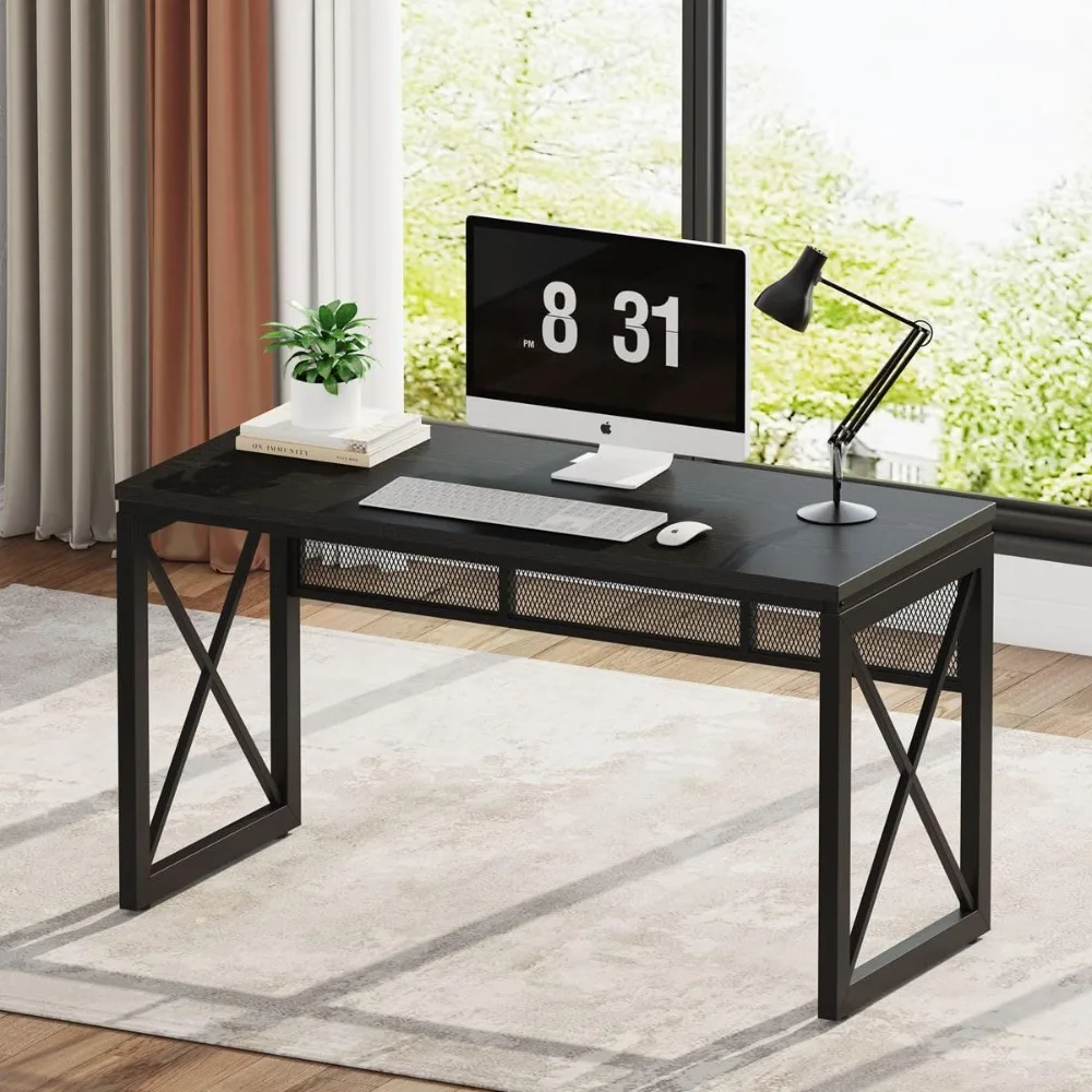 

Black Desk, Wood Computer Desk, Industrial Office Desks, Sturdy Writing Desks for Bedroom, Home Office, Living Room Study Works