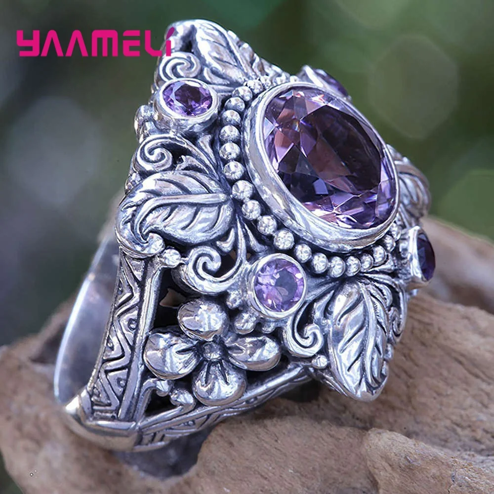 Luksusowy fioletowy kryształ 925 Sterling Silver zostaw pierścienie dla kobiet duży cyrkonia kamień Anel biżuteria na palce ślubne Accessorize — zdjęcie 3