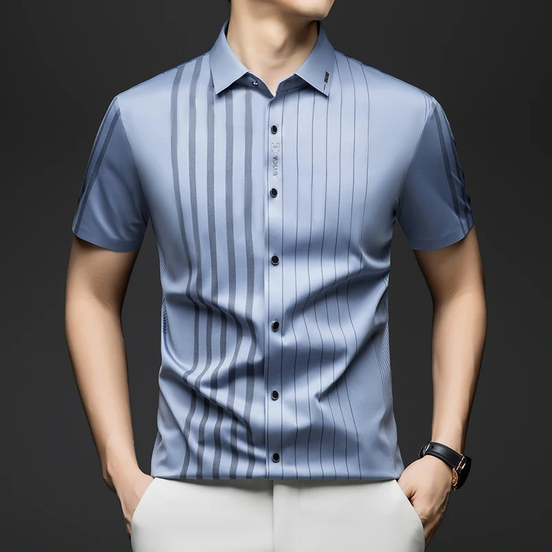 Striped Smart Casual Shirts For Men Short Sleeve Seamless Elastic Summer Coolness Quality Comfort Feel Premium Camisas De Hombre