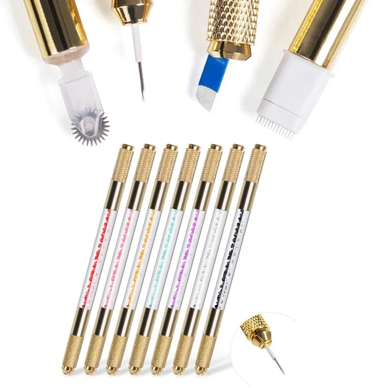 1Pc Gouden Handmatige Dubbele Kop Kristal Acryl Tattoo Pen Mistnaalden Rond Naalden Microblading Permanente Make-Up Tool Handmatige Pen