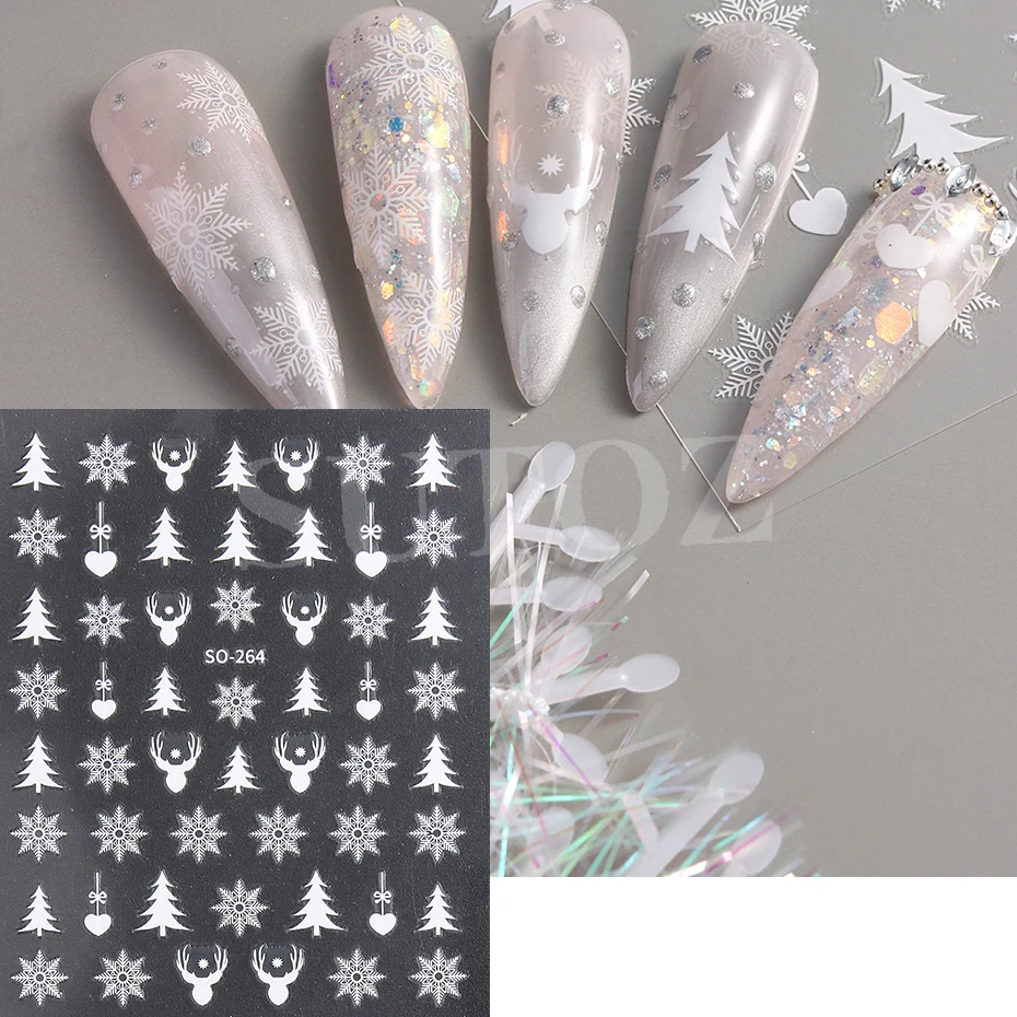 White Snowflake Christmas Nail Art Stickers Xmas Snow Flower Deer Trees Festive Red Santa Claus New Year Manicure Decor LESO-263