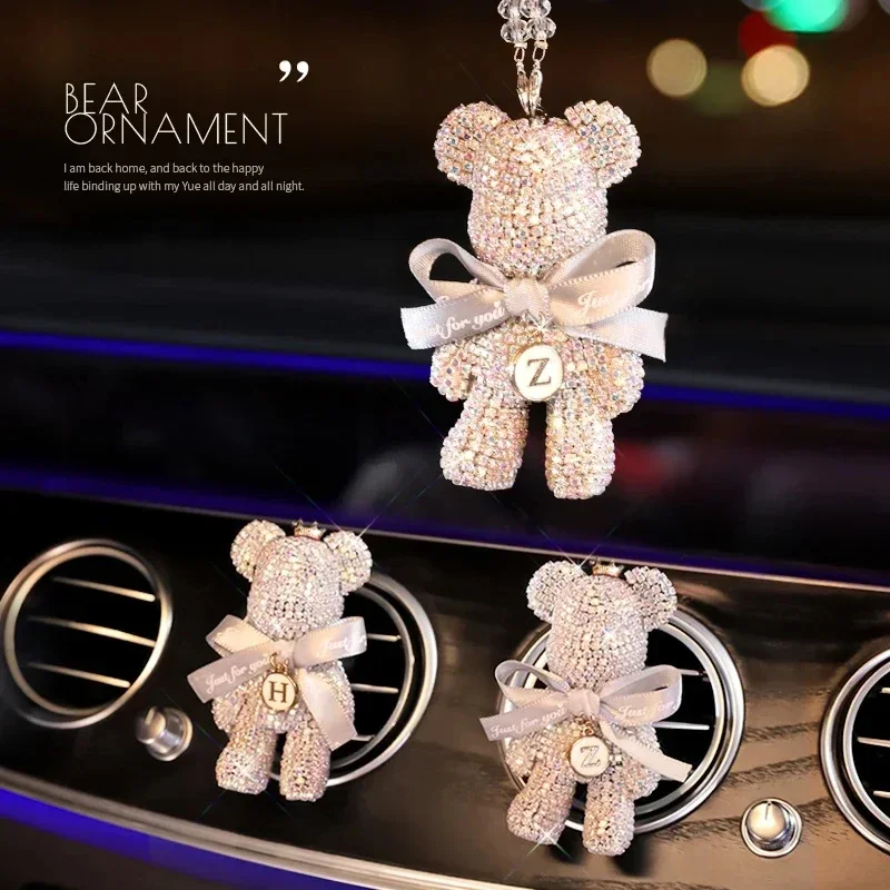 Cartoon Crystal Diamond Bow Bear Car Air Vent Pendant Mirror Hanging Key Chain Ornaments Bling Car Interior Decoration