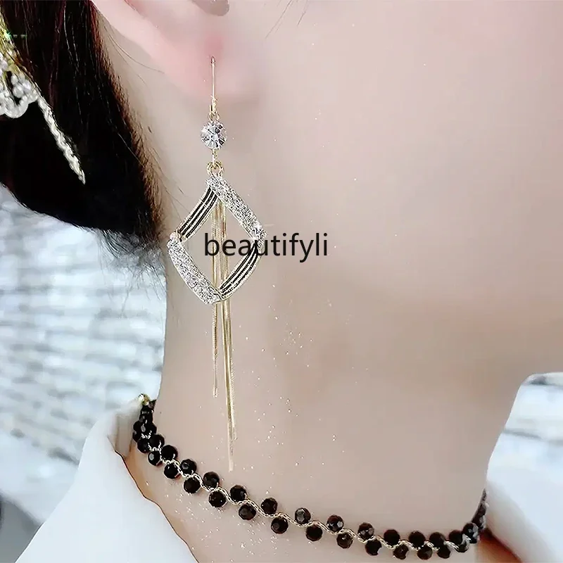 Diamond Set Geometric Bohemian Tassel Sterling Silver Needle Earrings Long Versatile Earrings